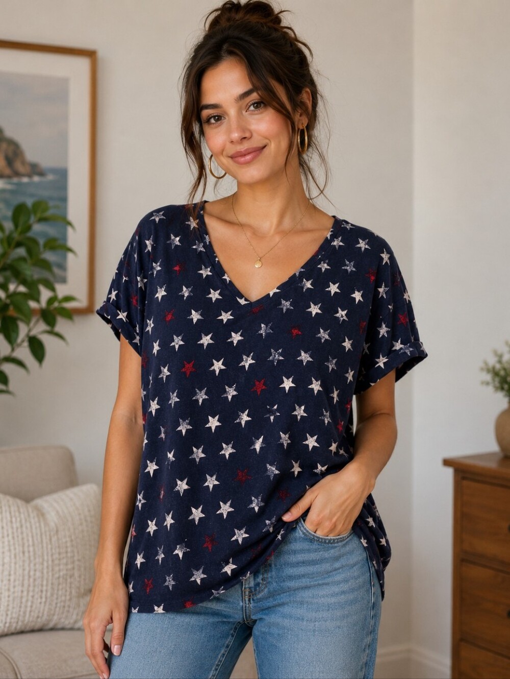 Women's Navy Star-Print V-Neck Short Sleeve Tee #3